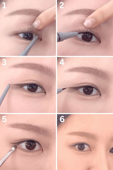 Korean eyeliner look step by step tutorial Monolid Eyeliner, Eyeliner For Downturned Eyes, Eyeliner For Small Eyes, Korean Eyeliner, Makeup For Downturned Eyes, Eyeliner For Almond Eyes, Makeup For Small Eyes, Monolid Eye Makeup, Monolid Eyes