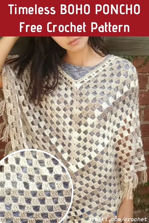 This Timeless Boho Poncho is so pretty and is a great addition to your wardrobe. It is rated as an easy design and is good for beginners.  I love this stitch pattern which you can make on autopilot once you establish the first couple of rows. Step out in style with one of these in all your favorite colors.  #crochet #poncho #crochetponcho #ponchopattern #crochetpattern #freecrochet #urbaki #urbakicrochet Granny Stitch Poncho, Crochet Fall Patterns, Crochet Poncho Free Pattern Woman, Easy Crochet Poncho, Crochet Poncho Pattern, Crochet Fall Decor, Granny Stitch, Knit Shawls, Boho Poncho