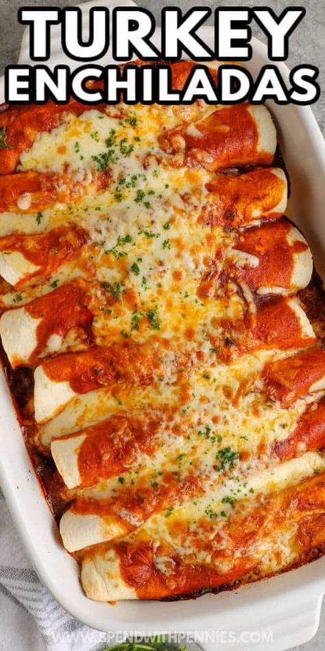 These turkey enchiladas are so sumptuous. A turkey enchilada casserole is an easy and delicious way to use up all that leftover turkey. Turkey, cheese, and some enchilada sauce are wrapped in soft flour tortillas and then cooked in the oven. Cook these and the family will run to the dinner table. #spendwithpennies #turkeyenchiladas #turkeyenchiladacasserole #enchiladas #enchiladacasserole Leftover Turkey Enchiladas, Turkey Enchilada Casserole, Cheese Tortillas, Hatch Chili Recipes, Soft Flour Tortillas, Leftover Turkey Casserole, Yellow Rice Recipes, Turkey Enchiladas, Turkey Leftovers