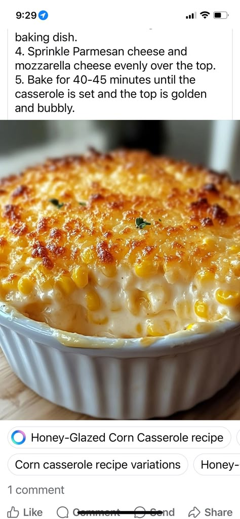 Honey-Glazed Corn Casserole with a Crispy Parmesan Crust 🧀  #### **Ingredients:**   - 2 cans whole kernel corn, drained   - 1 box Jiffy corn muffin mix   - 1 cup sour cream   - 1/2 cup butter, melted   - 1/2 cup honey   - 1 cup grated Parmesan cheese   - 1/2 cup shredded mozzarella cheese   #### **Instructions:**   1. Preheat the oven to 350°F (175°C).   2. In a large mixing bowl, combine corn, corn muffin mix, sour cream, melted butter, and honey.   3. Pour the mixture into a greased baking dish.   4. Sprinkle Parmesan cheese and mozzarella cheese evenly over the top.   5. Bake for 40-45 minutes until the casserole is set and the top is golden and bubbly. ￼ Honey Glazed Corn Casserole With Crispy Parmesan Crust, Honey Glazed Corn Casserole, Parmesan Corn, Corn Muffin, Food Casseroles, Jiffy Corn Muffin Mix, Corn Casserole Recipe, Corn Muffin Mix, Quick Food