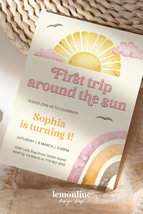 First Trip Around The Sun Girl Birthday, Boho Rainbow 1st Birthday, Sun Birthday Invitation, Rainbow 1st Birthday, Rainbow Themed Birthday Party, Sun Birthday, 1st Birthday Invite, First Trip Around The Sun, Rainbow Birthday Party