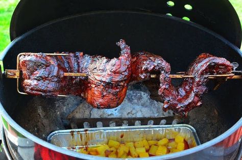 Rotisserie Baby Back Ribs With Red-Eye Barbecue Sauce | Tips & Techniques | Weber Grills Apple Ribs, Babyback Ribs Recipe, Bbq Rotisserie, Grilled Kabob Recipes, Charcoal Grilling, Weber Grills, Grilled Fish Recipes, Grilling Recipes Sides, Rotisserie Oven