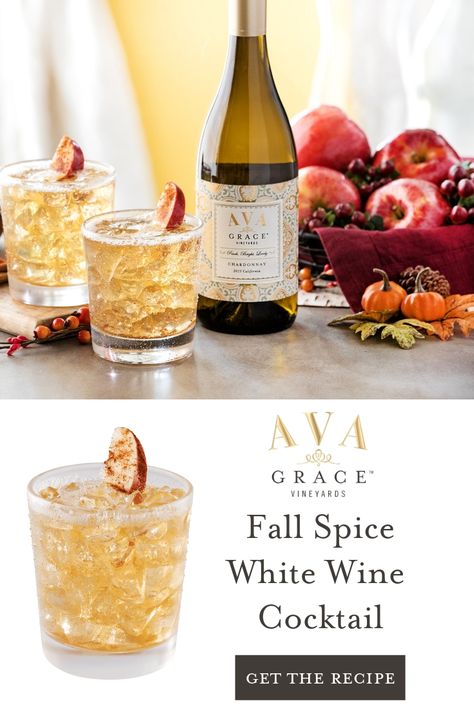 Fall is the perfect time to take a moment to stop, relax and enjoy a drink, which is why we crafted “Fall for Grace”, a white wine cocktail using our balanced AVA Grace Chardonnay and popular fall spices and flavors! Sit back, sip, and enjoy the season with a Fall for Grace! White Wine Sangria Recipe Fall, Fall Wine Drinks, White Wine Fall Drink, Fall White Wine Cocktails, Fall Drinks Champagne, Fall Wine Cocktails, White Wine Drinks, Chardonnay Cocktails, Sparkling Fall Cocktails