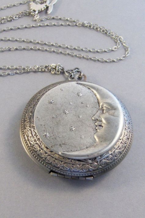 Lunar Punk, Moon Pocket Watch, Moon Locket, Vintage Moon, Antique Locket, Body Chains, Silver Locket, Under The Moon, Fine Silver Jewelry