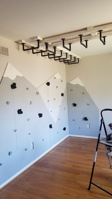 My son's new room. Active Kids Room, Ninja Room, Active Playroom, Loft Remodel, Basement Kids, Family Room Playroom, Climbing Wall Kids, Room Swing, Big Kid Bedroom