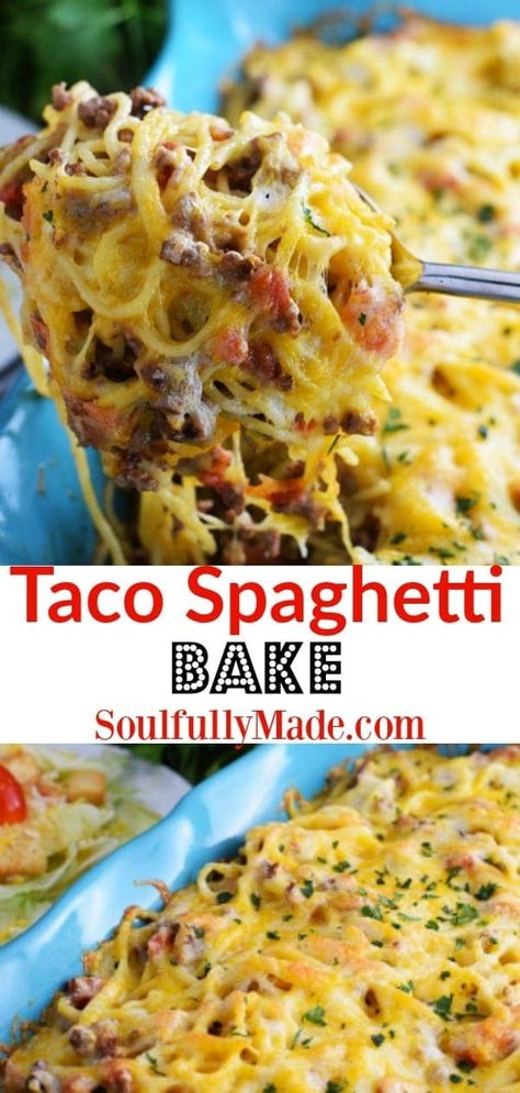 Taco Spaghetti Bake Taco Spaghetti Bake, Hospitality Meals, Pasta Taco, Pasta Casserole Dishes, Spaghetti Bake, Spagetti Recipe, Mexican Pasta, Taco Spaghetti, Bake Easy