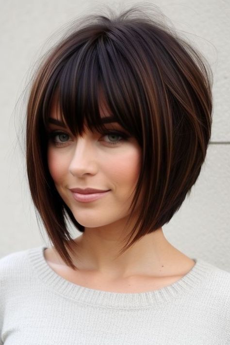 Inverted Bob Haircuts Shoulder Length, Short Haircut With Bangs For Round Faces, Cute Bob With Bangs, Medium Bob Haircut With Bangs, Short Bob Cut With Bangs, Medium Length Hair Styles With Bangs, Dark Hair With Bangs, Medium Length Haircuts With Bangs, A Line Bob With Bangs