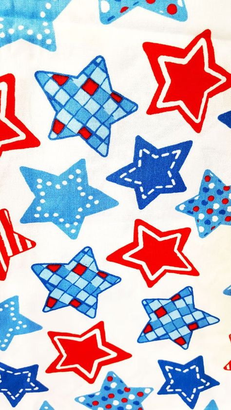 Patriotic Stars Fabric This fun fabric is cotton polyester and great for making 4th of July decorations, pillowcases or clothes. The fabric is white with stars of different sizes and patterns with red, white and blue. The fabric is 44 inches across. The price is per yard. From a smoke free and pet free environment. Ready to be shipped. Red White And Blue Wallpaper, Star Fabric Pattern, Red White And Blue Background Wallpapers, Red White And Blue Background, July Wallpaper, 4th Of July Wallpaper, Stars Fabric, Patriotic Quilting Fabric, Drawing Time