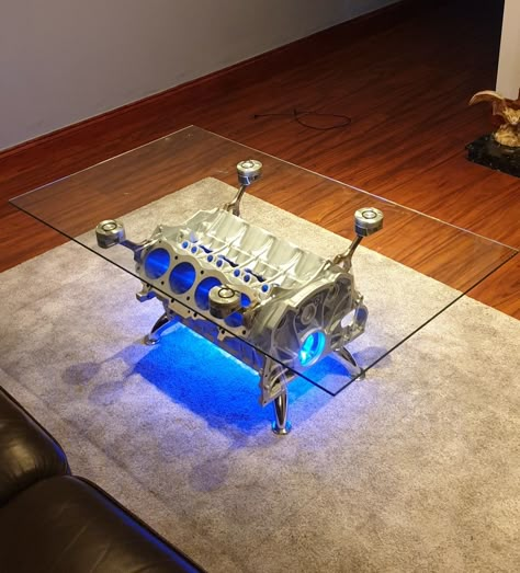 Engine Block Coffee Table, V8 Table, Engine Block Table, Weld Idea, Engine Table, Car Room Decor, Car Part Art, Car Parts Decor, Garage Furniture