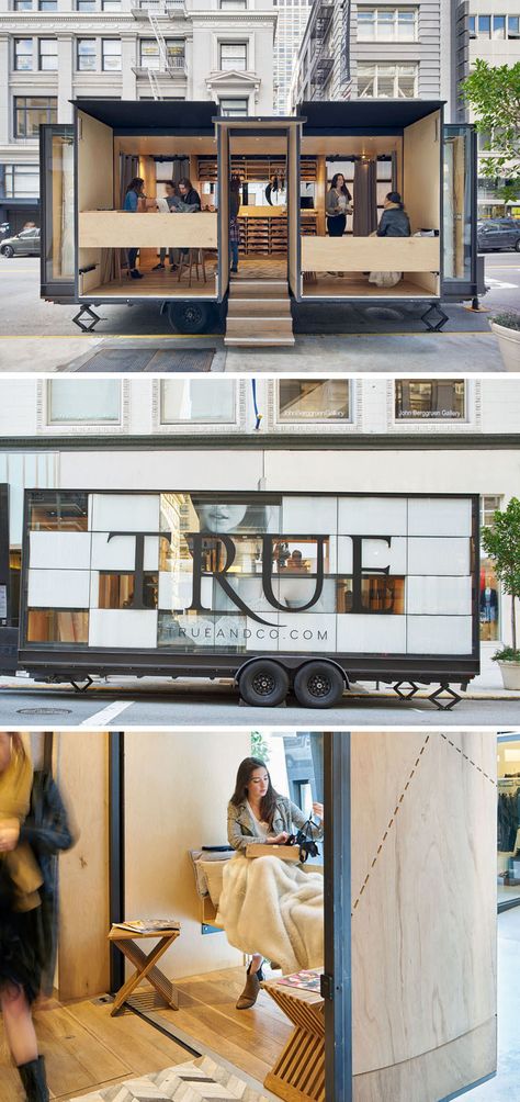 Mobile Office Architects and Spiegel Aihara Workshop collaborated to design and develop a mobile retail store for online clothing brand, True & Co. Container Pop Up Store Design, Mobile Retail Store Trailer, Mobile Retail Trailer, Mobile Pop Up, Mobile Office Ideas, Mobile Retail Store, Mobile Office Trailer, Food Truck Design Interior, Mobile Kiosk