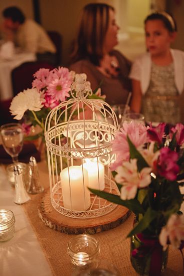 Rustic wedding centerpiece idea Bird Cage Table Centerpiece, Gold Cage Centerpiece, Birdcage Centrepiece, Bird Cages Wedding Centerpieces, Bird Cage Candles, Event Centerpiece, Pink Bride, Rustic Wedding Centerpieces, Wedding Arrangements