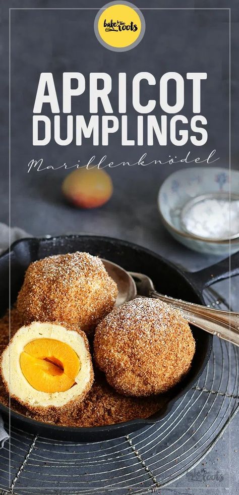 Sweet Apricot Dumplings (Marillenknödel) | Bake to the roots Apricot Dumplings, Scoop Of Ice Cream, Sugar Cubes, Sweet Food, Slow Food, Old Recipes, Confectioners Sugar, Healthy Ingredient, The Roots