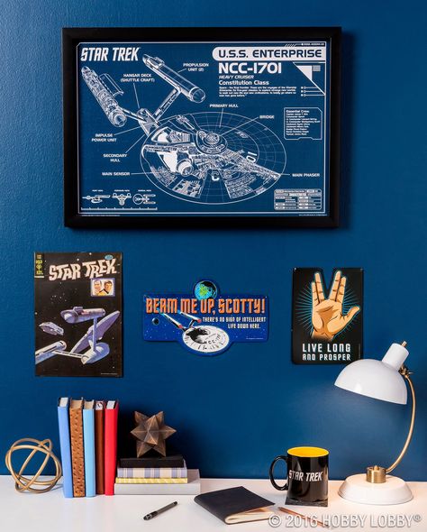 Boldly Go: into the weekend or into redecoration mode with Star Trek decor from Open Road Brands at Hobby Lobby! Star Trek Room Decor, Star Trek Decor, Star Trek Theme, Star Treck, Enterprise Ncc 1701, Dorm Inspo, Space Room, Nerd Stuff, Open Road