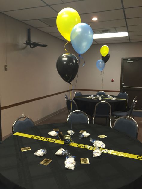 Retirement Party Ideas- table decor Oppenheimer Party Decorations, Retirement Themes, Engineering Party, Police Academy Graduation Party, Police Theme Party, Retirement Party Ideas, Police Retirement Party, Police Birthday Party, Retirement Decorations