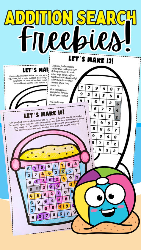 These two fun worksheets are a great warm up, partner activity or for early finishers. Each puzzle contains natural differentiation – the mix of answers means lower ability students may only find the simple ones while higher ability students may find 3 digit or overlapped answers. Ideal as 1st grade addition warm up, 1st grade addition early finisher or 2nd grade addition game! Also great as a back-to-school activity or for math centers.  Follow me for more fun Freebies like this every Friday! Worksheet 1st Grade, Math Early Finishers, Free Math Printables, Printable Math Games, Fun Math Worksheets, Math Practice Worksheets, Coloring Worksheet, Teaching Philosophy, 1st Grade Math Worksheets