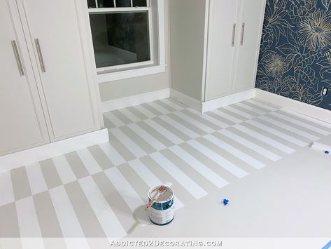 DIY Painted Hardwood Floor – Offset Striped Design – Part 1 Stripe Painted Floors, Daytime Pictures, Diy Writing Desk, Painted Plywood Floors, Painted Hardwood Floors, Diy Painted Floors, Painted Wood Floors, Cement Patio, Painted Concrete Floors