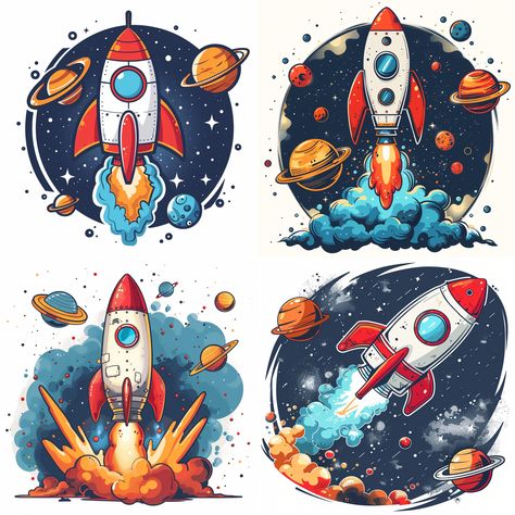 Planets Illustration, Rocket Illustration, Rocket Drawing, Rocket Cartoon, Space Cartoon, Astronaut Drawing, Rocket Tattoo, Rocket Party, Space Doodles