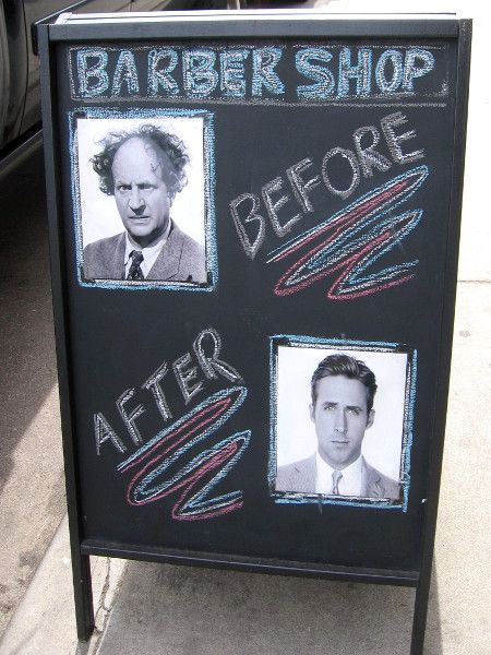 A humorous sign on the sidewalk. Head into this barber shop and come out a completely different person! Cool Street Art, Barber Sign, Barber Shop Sign, Smart Nails, People Thinking, Chalk Sign, Best Barber, Mission Beach, Colorful Murals