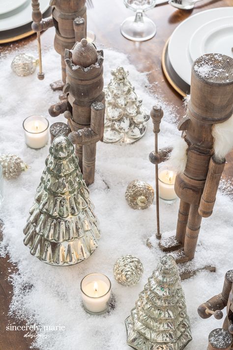 Snowy Nutcracker Tablescape - Sincerely, Marie Designs Nutcracker Table, Tablescapes Christmas, Mini Gingerbread House, Christmas Bows Diy, Nutcracker Decor, Neutral Christmas Decor, Christmas Tabletop, Table Scapes, Fun Christmas Decorations