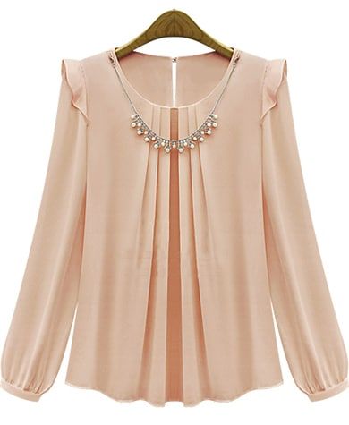 Naaien Blouses, Blus Sifon, Corak Krusye, Áo Blu, Blouse Pictures, Sewing Blouses, Chiffon Blouses, Fashion Tops Blouse, Pink Long Sleeve