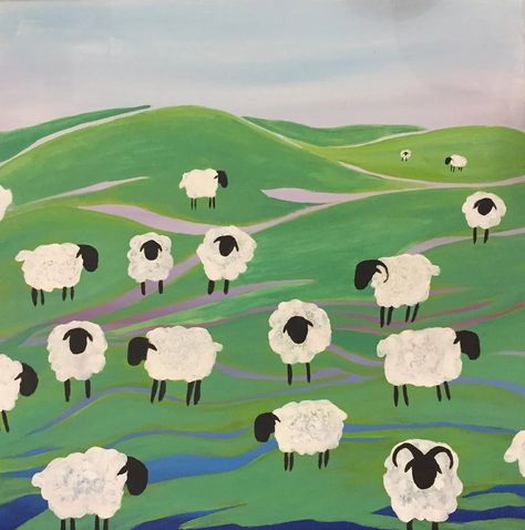 Learn Acrylic Painting, Sheep Paintings, Basic Painting, Retro Painting, Farm Paintings, Large Canvas Painting, Colorful Paintings Acrylic, Simple Canvas Paintings, Cute Canvas Paintings