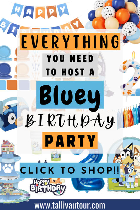 Looking to host the cutest Bluey Birthday Party? I've got you covered from invitations to balloon arrangements to party favors! It's all linked in my blog! Amazon affiliate (contains affiliate links) #Amazon #amazondeals #bluey #bingo #blueybirthdaypartyideas #blueybirthday #1stbirthday #2ndbirthday #partyideas #partythemes #girlbirthday #boybirthday #partysupplies #balloons #party #birthday #toddlerbirthday #blueyandbingo #bingobirthday #disneybirthday #disneypartytheme #disneypartyidea #disney 4 Real Life Bluey Party, Bluey Fourth Birthday, Bluey First Birthday Party Ideas Girl, Bluey Second Birthday Party, Bluey And Bingo Birthday Party, Boys Bluey Birthday Party, Bluey Twoey Birthday Party, Bluey Food Ideas Party, Bluey Birthday Party Games