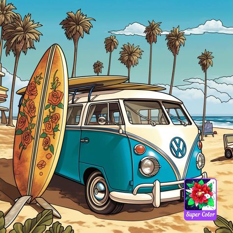 Vw Van Drawing, Volkswagen Bus Art, Retro Vw Bus, Van Drawing, Beach Setting, Surf Painting, Bus Art, Vw Art, Volkswagen Van