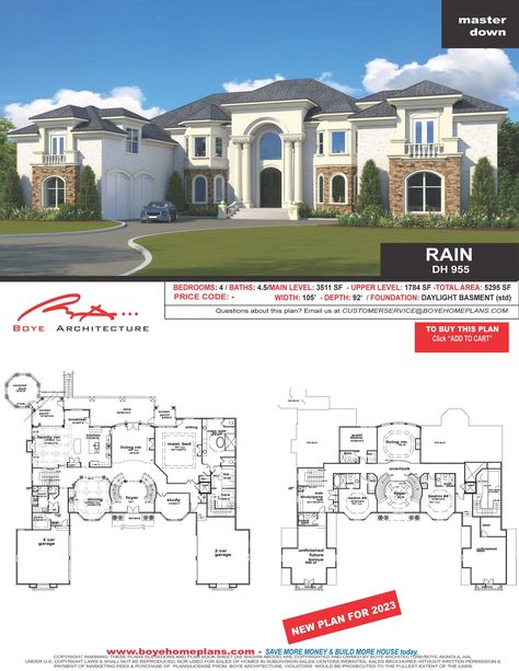 RAIN PLAN-DH 955 — Custom Home Design | House Plans | Boye Home Plans Family Houses, Luxury Plan, House Plans Mansion, Mansion Designs, Courtyard House Plans, Custom Home Plans, Home Floor Plans, House Construction Plan, House Construction