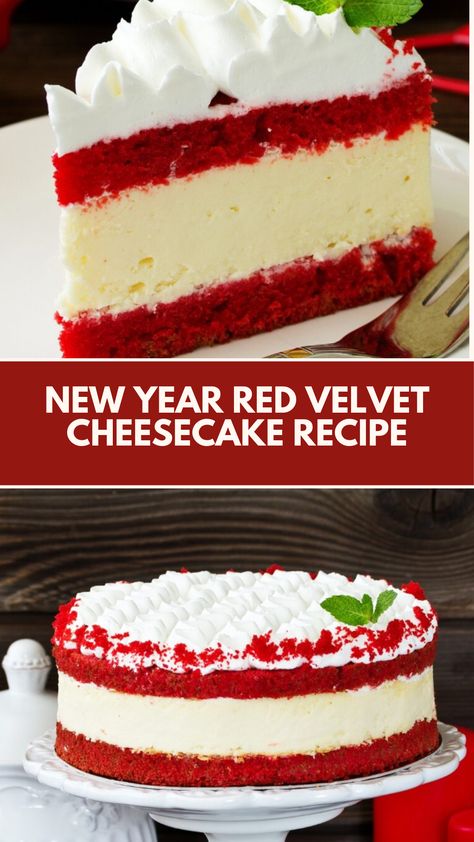 New Year Red Velvet Cheesecake recipe made of velvety red velvet cake layers and rich cream cheese frosting. Serves 8 and takes about 1 hour to prepare and bake. Perfect for adding a festive touch to your New Year celebration! Copycat Red Velvet Cheesecake Factory, How To Make Red Velvet Cheesecake, Red Cheesecake Velvet, Redvelvet Cheesecake Cake Recipe, Juniors Red Velvet Cheesecake Recipe, Red Velvet Cake Two Tier, Red Velvet Cheesecake Bundt, Cherry Red Velvet Cake, Red Velvet Bars Cream Cheese