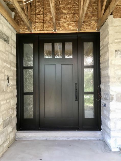 Solid Glass Front Door, Black And Glass Front Door, Black Outside Doors, Black Entry Door With Sidelights, Oversized Front Doors, Nice Front Doors, Large Front Doors Entrance, Black Exterior Doors Front Entry, Black Double Front Doors