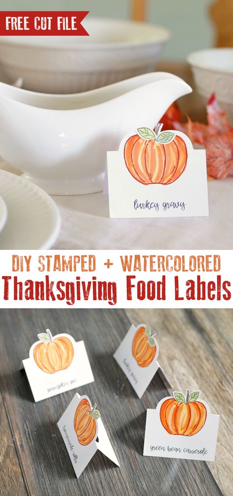 Add a handmade touch to your Thanksgiving table this year. The free cut file for these Thanksgiving food labels was designed to fit perfectly with this cute pumpkin stamp from Stampin' Up! #freecutfile #stampinup #thanksgiving #thanksgivingcrafts #papercrafts #stamps #fallcrafts #silhouettecameo Thanksgiving Diy Food, Thanksgiving Food Labels, Thanksgiving Table Crafts, Thanksgiving Food Table, Thanksgiving Craft Ideas, Thanksgiving Host, Thanksgiving Labels, Harvest Dinner, Birthday Pumpkin