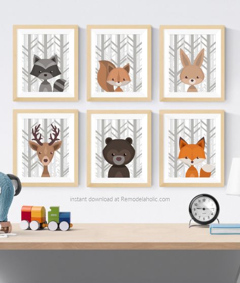 Woodland Creatures Nursery, Woodland Animal Art, Woodland Nursery Art, Nursery Art Set, Birch Tree Art, Animal Nursery Art, Woodland Animal Nursery, Birch Forest, Woodland Animal Prints