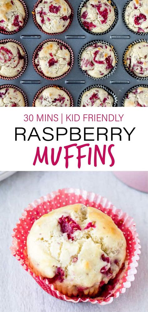 Raspberry Muffins - made with fresh raspberries and cream for the most flavorful, moist muffins ever! This muffin recipe is easy to make and perfect for breakfast, brunch, or dessert! Try making them with the kids this Valentine's Day! | #dlbrecipes #raspberrymuffins #muffins #raspberries Raspberry Muffins With Sour Cream, Baking With Raspberries Easy Recipes, Breakfast Ideas Raspberries, Strawberry Blueberry Raspberry Dessert, Raspberry Desserts Easy Healthy, Raspberries Recipes Healthy, Raspberry Desserts With Fresh Raspberries, Raspberry Mini Muffins, Raspberry Muffin Recipe