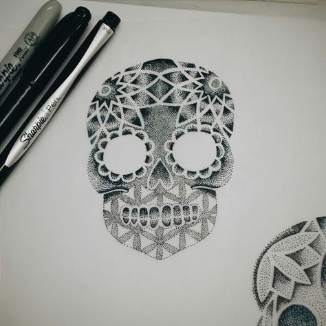 Sugar skull design #blackspottattoocompany #dotwork #sharpie #sketches #sacredgeometry Tattoo Leg Placement, Tattoo Ideas Sketches, Drawing Tattoo Ideas, Tree Tattoo Back, Tattoo Leg, Beautiful Tattoos For Women, Tattoo Quotes For Women, Sugar Skull Design, Sugar Skull Tattoos