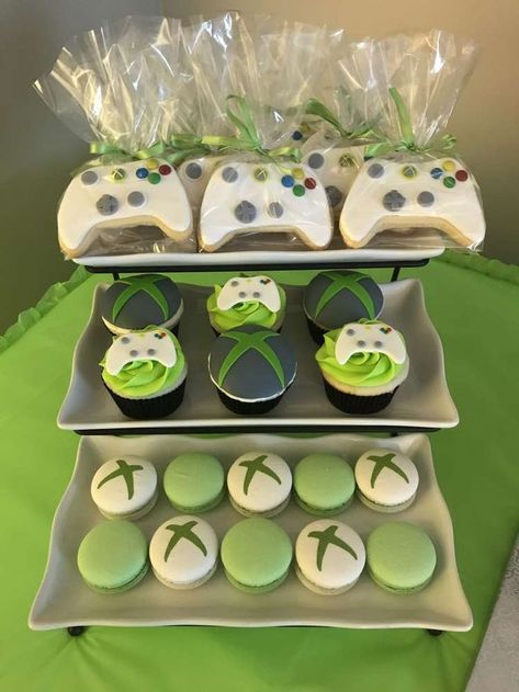 The cupcakes and cookies at this Xbox One Birthday Party are so cool!! See more party ideas and share yours at CatchMyParty #catchmyparty  #partyideas #xboxbirthdayparty #xboxcookies #xboxcookies Xbox Birthday Party Ideas, Video Game Desserts, Xbox Themed Birthday Party, Game On Birthday Party Ideas, Xbox Cake Ideas, Xbox Cupcakes, Video Game Birthday Cake, One Birthday Party Ideas, Xbox Birthday Party