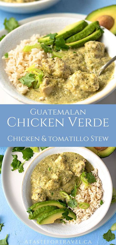 This delicious Chicken Verde recipe is a Guatemalan delight known as Jocon. The generous handfuls of cilantro, scallions, tomatillos and green chiles really make this emerald green dish shine. It's so easy and flavorful, you'll want to make it often! #chickenrecipes #dinner #stew #healthyrecipes Guatemalan Chicken Recipes, Tomatillo Stew, Guatamalan Recipes, Chicken Verde, Local Recipes, Guatemalan Recipes, Cultural Food, Verde Recipe, Green Chiles