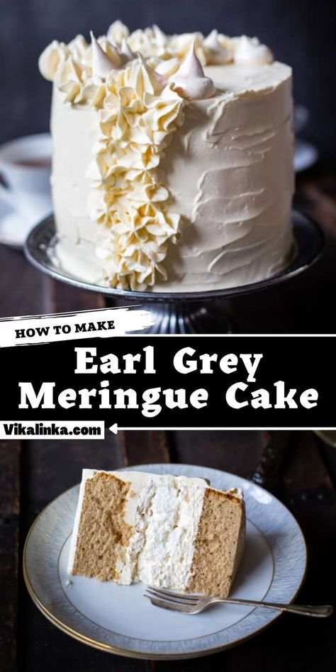 The recipe for this Earl Grey Meringue Cake is something you need to have for a special occasion. Just imagine baking this beauty for someone’s birthday or anniversary! Nye Cake Ideas, Earl Grey Cake Recipe, Cake With Layers, Grey Cake, Meringue Cake, Bars And Cookies, Fabulous Cakes, Best Sweets, Meringue Buttercream