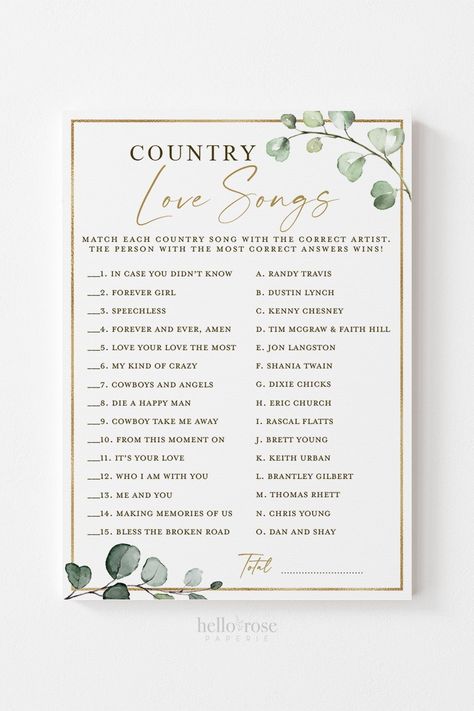 Country Bridal Shower Games, Bridal Shower Love Song Game, Bridal Shower Trivia, Country Love Songs, Gold Bachelorette, Country Bridal Shower, Wedding Game, Candy Match, Gold Printable