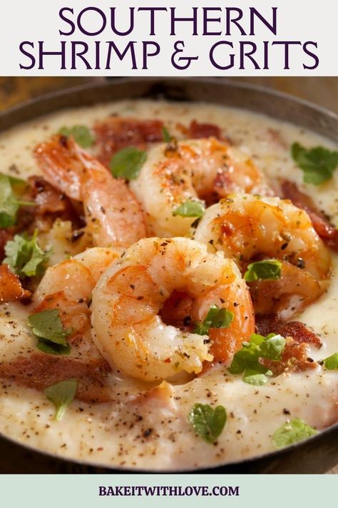 Creamy, cheesy shrimp & grits is classic Southern comfort food! Shrimp And Grits Recipe New Orleans, Ina Garten Shrimp, Breakfast Shrimp, Easy Shrimp And Grits, Southern Shrimp And Grits, Patty Food, Cheesy Shrimp, Stone Ground Grits, Shrimp N Grits Recipe