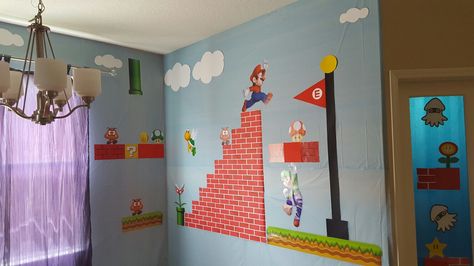 Super Mario Bros birthday party - Flag pole scene Mario Flag Pole, Mario Flag, Mario Bricks, Daycare Decorations, August Decor, Nurse Clinic, Steam Night, Mario Bros Birthday Party, Super Mario Bros Birthday