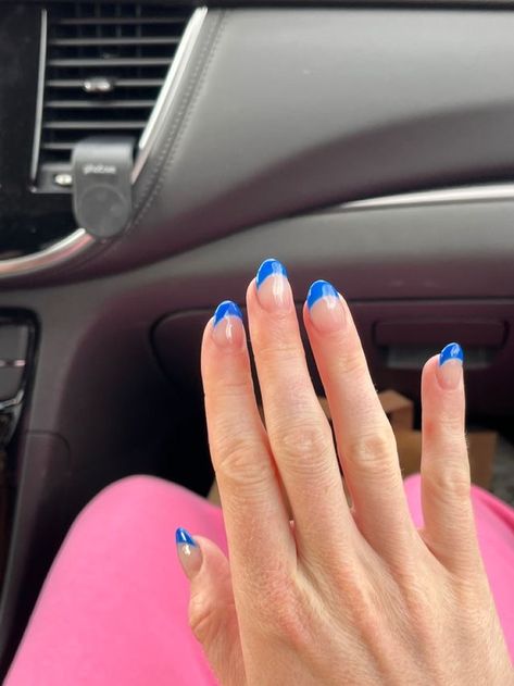 Painted Nails Not Acrylics, Almond Shaped French Tip Nails Blue, Short Almond French Tip Nails Blue, French Tips Royal Blue, Royal Blue Acrylic Nails Round, Acrylic Nail Designs Almond Blue, Almond Royal Blue French Tip Nails, Preppy Blue French Tip Nails, Cute Nails Royal Blue