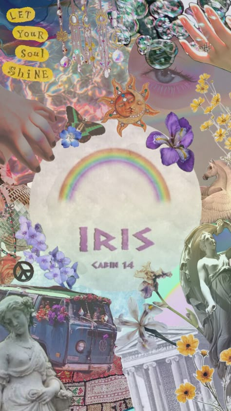 Iris #iris #cabin14 #percyjackson #percyjacksonandtheolympians #beauty #outfitinspo #nature #vibes #quotes #music Iris Greek Goddess Aesthetic, Nature Vibes Quotes, Iris Aesthetic, Iris Cabin, Iris Wallpaper, Greek Goddess Aesthetic, Pjo Cabins, Iris Goddess, Percy Jackson Cabins