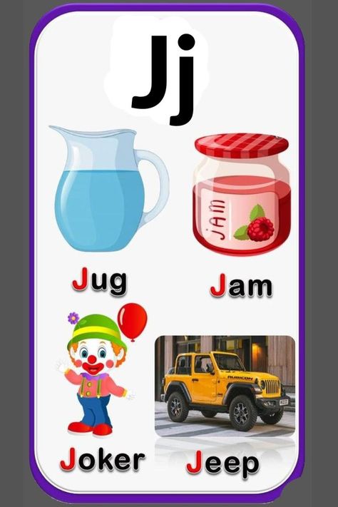 Thing Words Start With J For Preschool Letter J Pictures, Words Starting With J, Alphabet Word Wall Cards, Abc Flashcards Printable, J Letter Images, Kids Learning Alphabet, English Poems For Kids, Free Alphabet Printables, Alphabet Flash Cards Printable