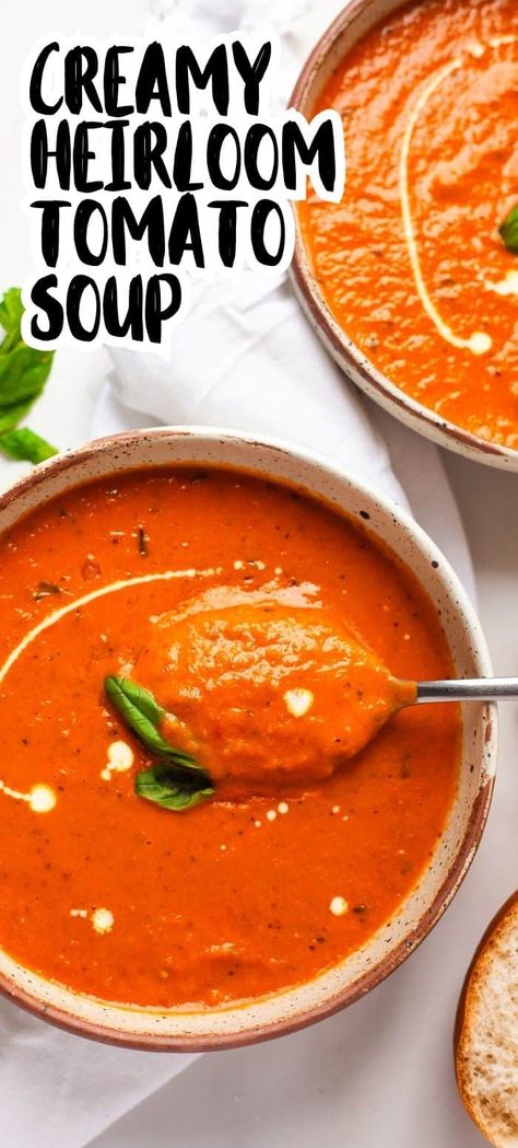 An easy recipe for roasted heirloom tomato soup - the perfect heirloom tomato recipe idea to use up a big batch! Scale it up or down as needed. Roasted Heirloom Tomatoes Recipes, Roasted Heirloom Tomato Soup, Rustic Tomato Soup, Tomato Recipes Soup, Tomato Soup Fresh Tomatoes, Heirloom Tomato Recipe, Use Up Tomatoes, Heirloom Tomatoes Recipes, Heirloom Tomato Soup