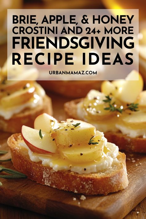 Looking for easy Friendsgiving recipes to wow your guests? Check out this brie, apple, and honey crostini and 24 more Friendsgiving recipe ideas! Brie And Apple Crostini, Brie Apple Honey Crostini, Appetizers For Friendsgiving, Thanksgiving Crostini, Easy Friendsgiving Recipes, Apple Brie Crostini, Friendsgiving Recipe, Friendsgiving Recipes, Thanksgiving Apps