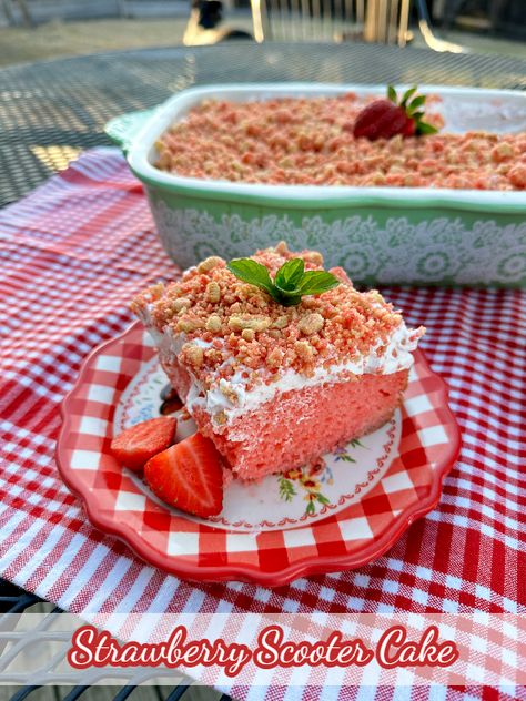 Strawberry Scooter Cake — Mommy's Kitchen Scooter Cake, Lemon Chiffon Pie, Salad Strawberry, Chiffon Pie, Strawberry Crunch Cake, Cowboy Beans, Cake Lemon, Crunch Cake, Strawberry Topping