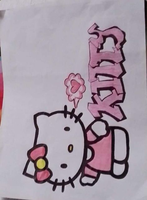 De hello kity Graffiti Art Hello Kitty, Drawing Of Hello Kitty, Girly Graffiti, Graffiti Hello Kitty, Cool Graffiti Art, Cute Graffiti, Easy Graffiti, Easy Graffiti Drawings, Graffiti Text