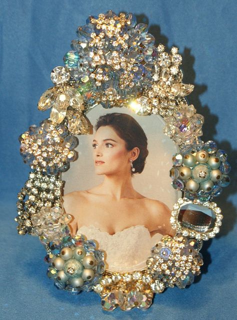 Sparkling Baby Blue Crystal and Rhinestone Jeweled Picture Frame OOAK Jeweled Picture Frame, Jeweled Picture, Old Jewelry Crafts, Jewel Frames, Thrift Shop Finds, Vintage Jewelry Ideas, Jewelry Frames, Vintage Jewelry Crafts, Vintage Jewelry Art