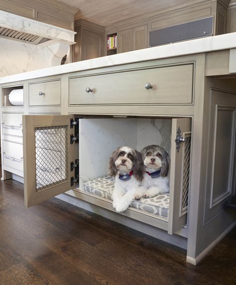 These pampered pups enjoy a palatial perch made of beautiful marble. Image: Jean Allsopp Nook Bedroom Ideas, Dog Bed In Kitchen, Dog Crates Furniture, Kitchen Drop Zone, Built In Dog Bed, Dog Nook, Nook Bedroom, Custom Dog Crate, Dog Space