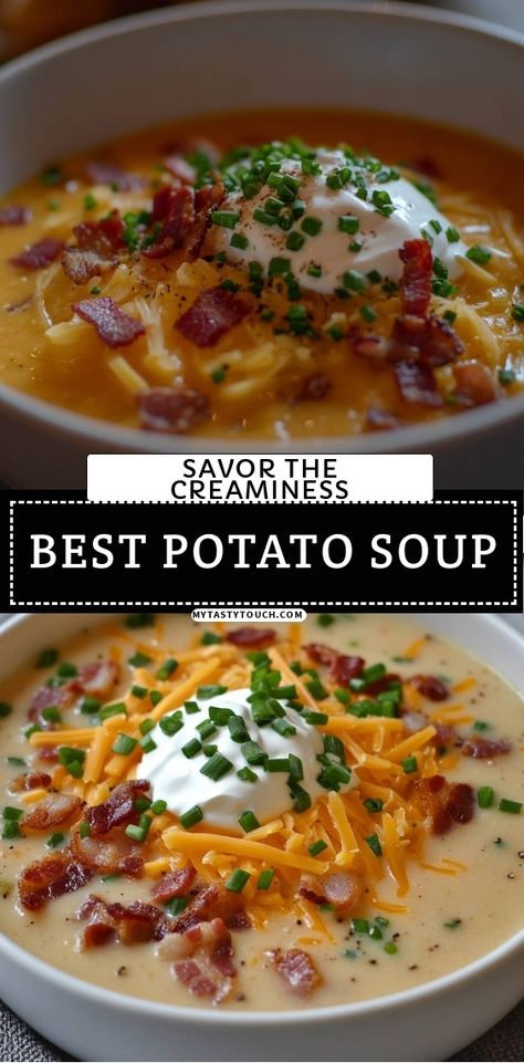 Dive into the ultimate comfort food with my Best Potato Soup! Packed with creamy goodness, crispy bacon, and topped with cheese and chives, this soup is perfect for chilly days. Join me as I savor each spoonful and warm up with this delightful recipe! Gourmet Potato Soup, Best Potato Soup Recipe, The Best Potato Soup, Potato Soup Recipes, Potato Cheese Soup, Cream Cheese Potatoes, Best Potato Soup, Creamed Potatoes, Potato Soup Recipe